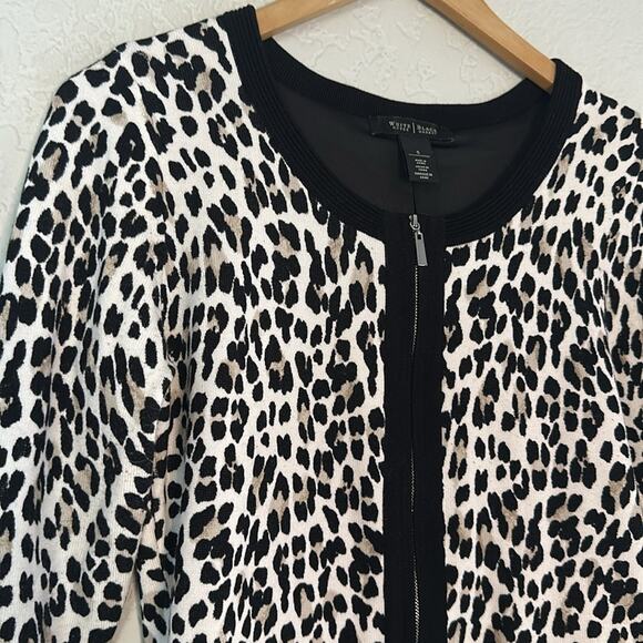 NEW WHBM Animal Print Full Zip Cardigan Sweater Office Preppy Black Trim Small - Picture 2 of 8